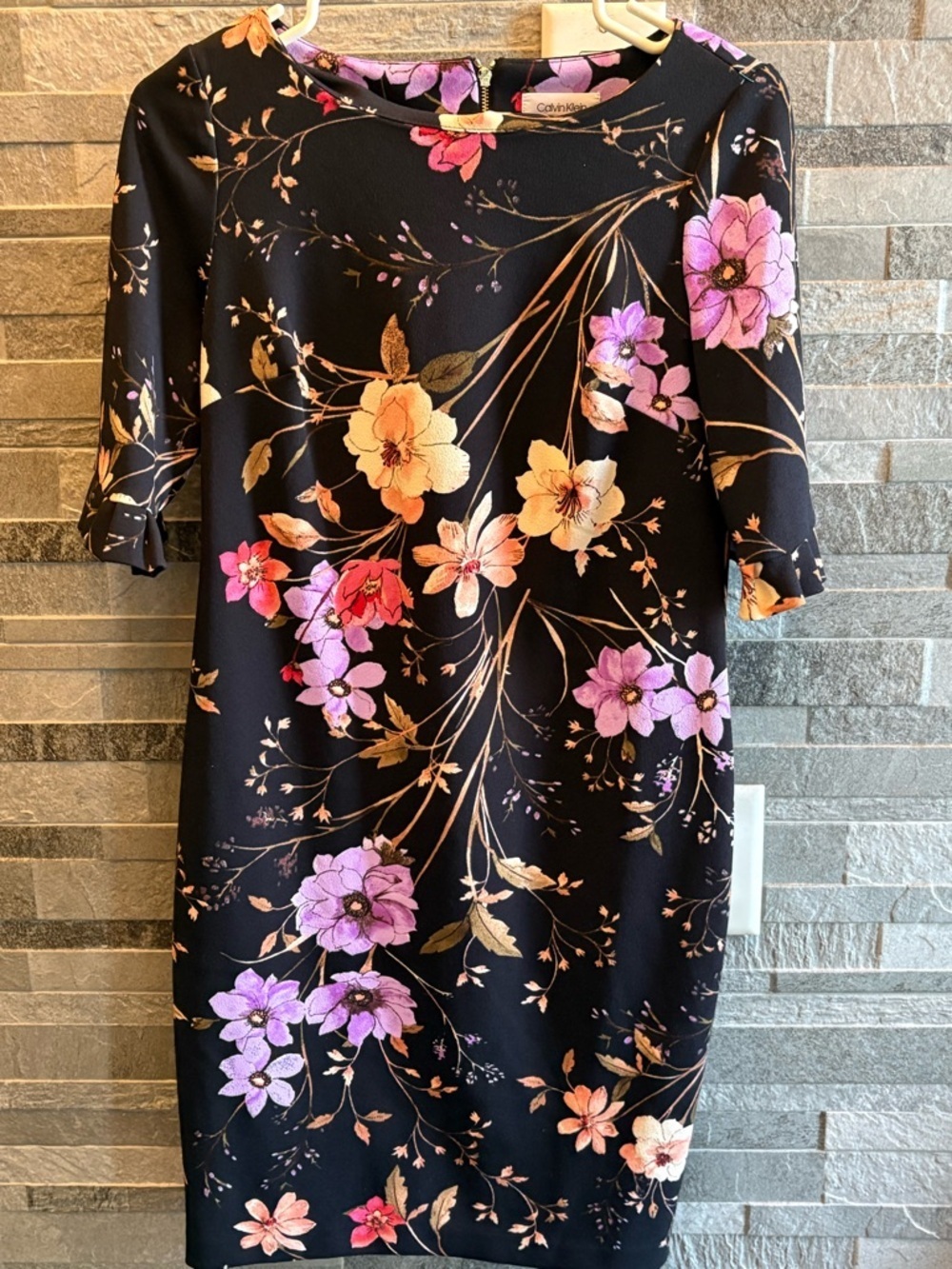 Calvin Klein Black Floral Midi Dress with Pink and Peach Blooms